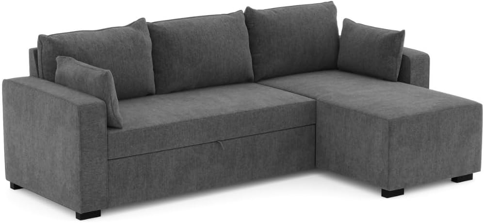 BUDWING Leah, Sofa Cama Esquinero Gris Oscuro - 4 plazas - Chaise Longue Reversible, 2 Cojines Decorativos - Tejido de Poliéster - Estilo Moderno - 233 cm (Ancho) x 124 cm (Fondo) x 69 cm (Alto)