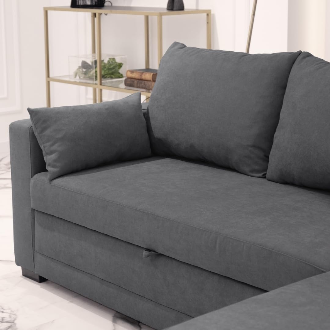 BUDWING Leah, Sofa Cama Esquinero Gris Oscuro - 4 plazas - Chaise Longue Reversible, 2 Cojines Decorativos - Tejido de Poliéster - Estilo Moderno - 233 cm (Ancho) x 124 cm (Fondo) x 69 cm (Alto) - Imagen 4