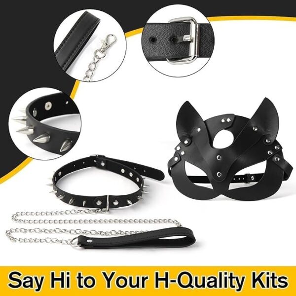 1 juego de máscara de gato negro con collar de remaches ajustables con vendas de cuero - Imagen 3
