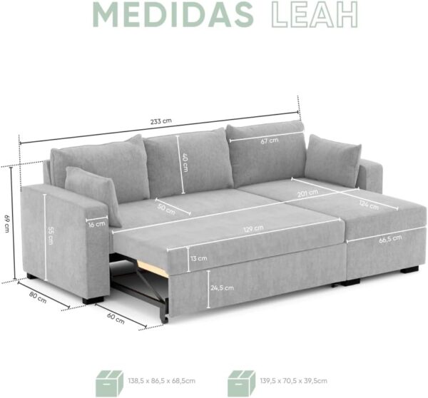 BUDWING Leah, Sofa Cama Esquinero Gris Claro - 4 plazas - Chaise Longue Reversible, 2 Cojines Decorativos - Tejido de Poliéster - Estilo Moderno - 233 cm (Ancho) x 124 cm (Fondo) x 69 cm (Alto) - Imagen 3