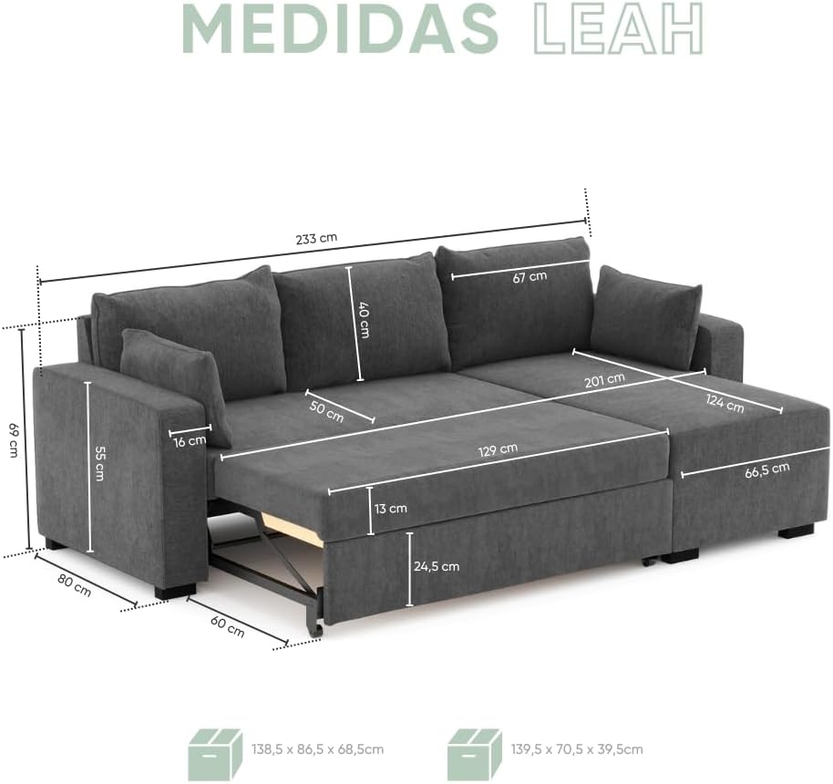 BUDWING Leah, Sofa Cama Esquinero Gris Oscuro - 4 plazas - Chaise Longue Reversible, 2 Cojines Decorativos - Tejido de Poliéster - Estilo Moderno - 233 cm (Ancho) x 124 cm (Fondo) x 69 cm (Alto) - Imagen 5