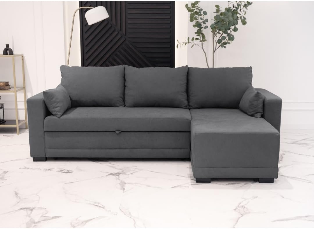 BUDWING Leah, Sofa Cama Esquinero Gris Oscuro - 4 plazas - Chaise Longue Reversible, 2 Cojines Decorativos - Tejido de Poliéster - Estilo Moderno - 233 cm (Ancho) x 124 cm (Fondo) x 69 cm (Alto) - Imagen 6