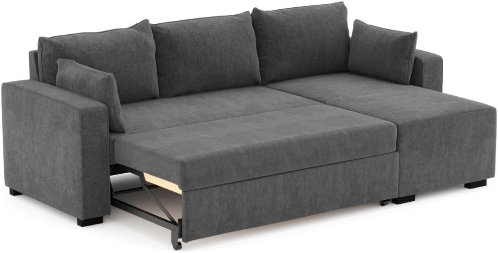 BUDWING Leah, Sofa Cama Esquinero Gris Oscuro - 4 plazas - Chaise Longue Reversible, 2 Cojines Decorativos - Tejido de Poliéster - Estilo Moderno - 233 cm (Ancho) x 124 cm (Fondo) x 69 cm (Alto) - Imagen 7