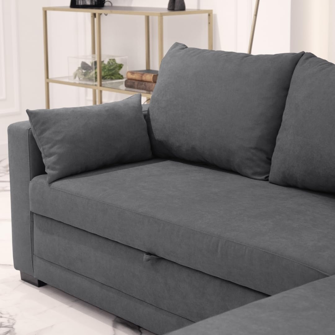 BUDWING Leah, Sofa Cama Esquinero Gris Oscuro - 4 plazas - Chaise Longue Reversible, 2 Cojines Decorativos - Tejido de Poliéster - Estilo Moderno - 233 cm (Ancho) x 124 cm (Fondo) x 69 cm (Alto) - Imagen 2