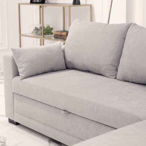 BUDWING Leah, Sofa Cama Esquinero Gris Claro - 4 plazas - Chaise Longue Reversible, 2 Cojines Decorativos - Tejido de Poliéster - Estilo Moderno - 233 cm (Ancho) x 124 cm (Fondo) x 69 cm (Alto) - Imagen 2