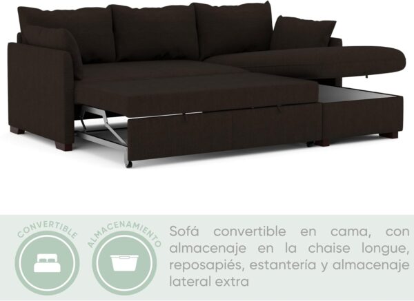 BUDWING Orlando, Sofá Cama Esquinero Marrón - 4 plazas - Chaise Longue Reversible, Arcón de Almacenaje, Dos Cojines Sueltos - Estilo Contemporáneo - 221cm (Ancho) x 160.5cm (Fondo) x 88cm (Alto) - Imagen 2