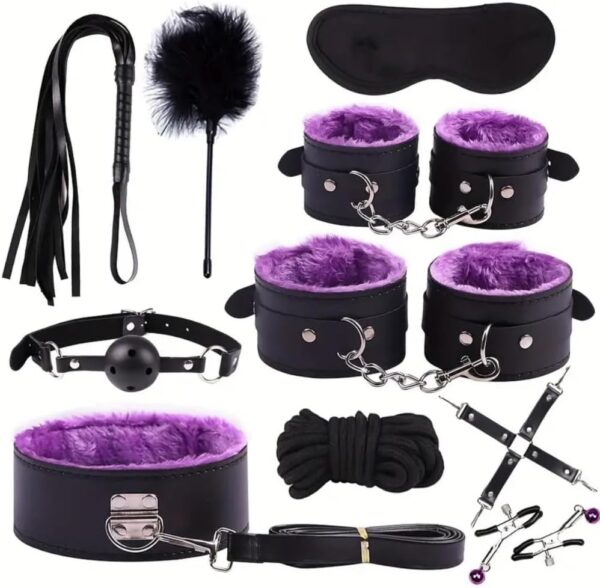Paquete de 10 accesorios de juego de peluche de cuero ajustables en color morado y negro