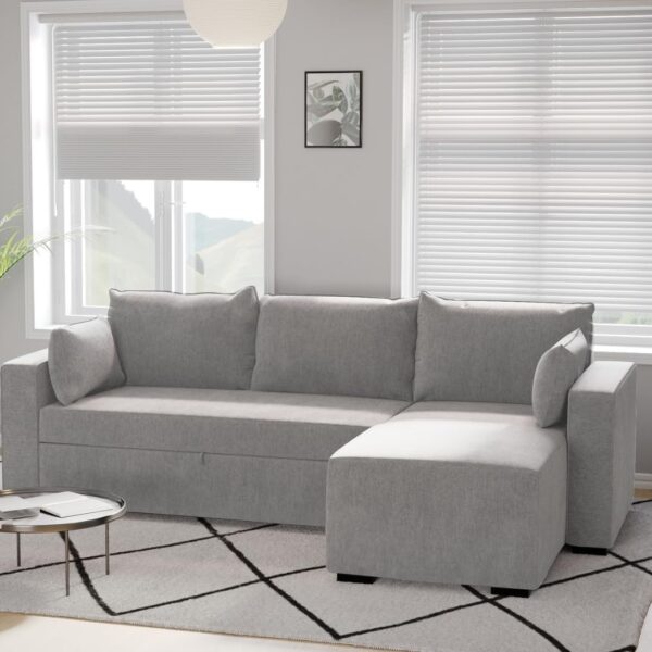 BUDWING Leah, Sofa Cama Esquinero Gris Claro - 4 plazas - Chaise Longue Reversible, 2 Cojines Decorativos - Tejido de Poliéster - Estilo Moderno - 233 cm (Ancho) x 124 cm (Fondo) x 69 cm (Alto) - Imagen 8