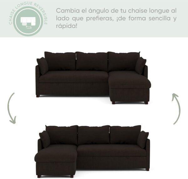 BUDWING Orlando, Sofá Cama Esquinero Marrón - 4 plazas - Chaise Longue Reversible, Arcón de Almacenaje, Dos Cojines Sueltos - Estilo Contemporáneo - 221cm (Ancho) x 160.5cm (Fondo) x 88cm (Alto) - Imagen 3
