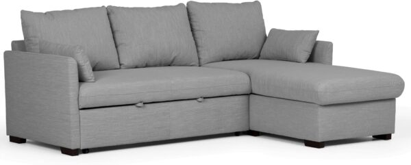 BUDWING Orlando, Sofá Cama Esquinero Gris Piedra - 4 plazas - Chaise Longue Reversible, Arcón de Almacenaje, Dos Cojines Sueltos - Estilo Contemporáneo - 221cm (Ancho) x 160.5cm (Fondo) x 88cm (Alto)
