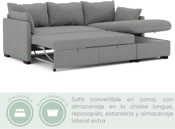 BUDWING Orlando, Sofá Cama Esquinero Gris Piedra - 4 plazas - Chaise Longue Reversible, Arcón de Almacenaje, Dos Cojines Sueltos - Estilo Contemporáneo - 221cm (Ancho) x 160.5cm (Fondo) x 88cm (Alto) - Imagen 3