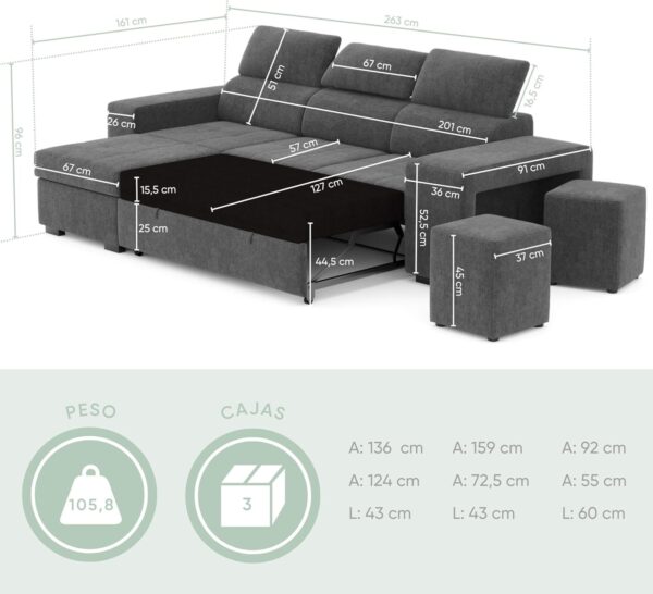 BUDWING John, Sofá Cama Esquinero Gris Oscuro - 4 plazas - Chaise Longue Reversible, Reposacabezas Ajustable, 2 Pufs - Tela de Poliéster - Estilo Moderno - 263cm (Ancho) x 161cm (Fondo) x 96cm (Alto) - Imagen 3