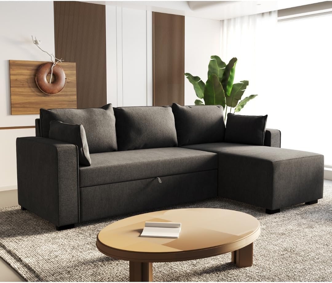 BUDWING Leah, Sofa Cama Esquinero Gris Oscuro - 4 plazas - Chaise Longue Reversible, 2 Cojines Decorativos - Tejido de Poliéster - Estilo Moderno - 233 cm (Ancho) x 124 cm (Fondo) x 69 cm (Alto) - Imagen 8