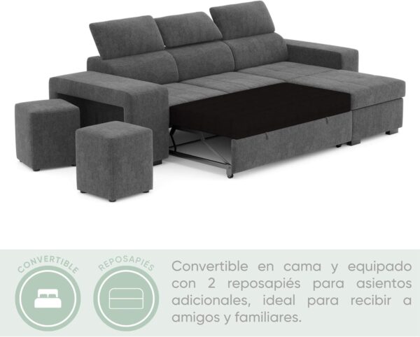 BUDWING John, Sofá Cama Esquinero Gris Oscuro - 4 plazas - Chaise Longue Reversible, Reposacabezas Ajustable, 2 Pufs - Tela de Poliéster - Estilo Moderno - 263cm (Ancho) x 161cm (Fondo) x 96cm (Alto) - Imagen 4