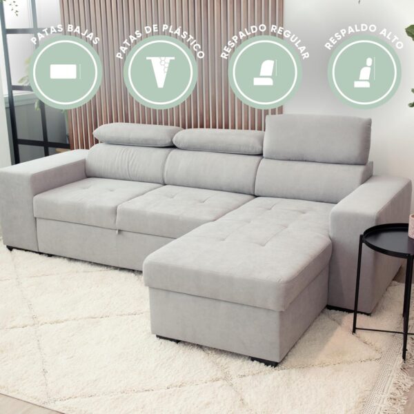 BUDWING John, Sofá Cama Esquinero Gris Claro - 4 plazas - Chaise Longue Reversible, Reposacabezas Ajustable, 2 Pufs - Tela de Poliéster - Estilo Moderno - 263cm (Ancho) x 161cm (Fondo) x 96cm (Alto) - Imagen 5