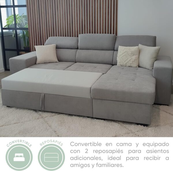 BUDWING John, Sofá Cama Esquinero Gris Claro - 4 plazas - Chaise Longue Reversible, Reposacabezas Ajustable, 2 Pufs - Tela de Poliéster - Estilo Moderno - 263cm (Ancho) x 161cm (Fondo) x 96cm (Alto) - Imagen 6