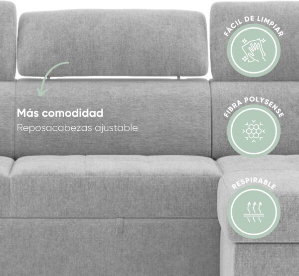 BUDWING John, Sofá Cama Esquinero Gris Claro - 4 plazas - Chaise Longue Reversible, Reposacabezas Ajustable, 2 Pufs - Tela de Poliéster - Estilo Moderno - 263cm (Ancho) x 161cm (Fondo) x 96cm (Alto) - Imagen 7