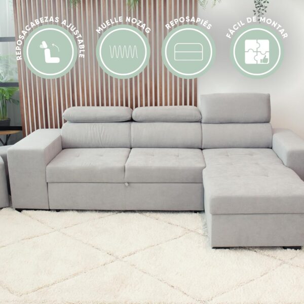 BUDWING John, Sofá Cama Esquinero Gris Claro - 4 plazas - Chaise Longue Reversible, Reposacabezas Ajustable, 2 Pufs - Tela de Poliéster - Estilo Moderno - 263cm (Ancho) x 161cm (Fondo) x 96cm (Alto) - Imagen 8